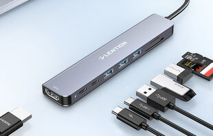Lention 8in1 Hub USB-C to 3x USB 3.0 + SD|TF + PD + USB-C + HDMI 4K60Hz (gray) цена и информация | Адаптеры, USB-разветвители | pigu.lt