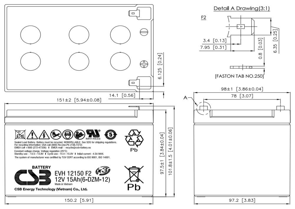 Akumuliatorius CSB EVH12150, 12V/15Ah kaina ir informacija | Akumuliatoriai | pigu.lt