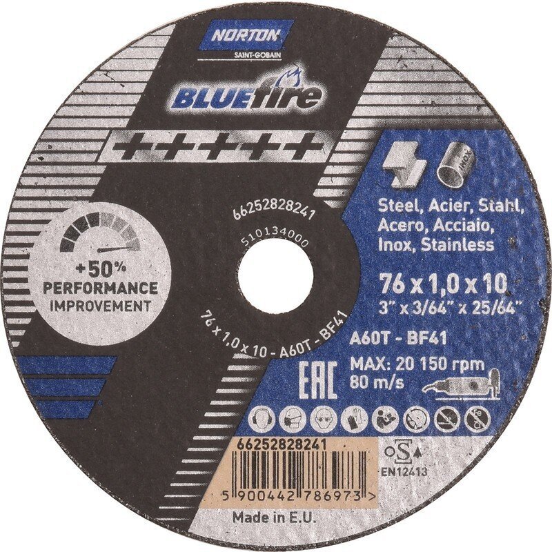 Pjovimo diskas Norton Blue Fire A60 T41 - 76x1x10mm kaina ir informacija | Mechaniniai įrankiai | pigu.lt