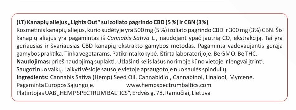 CBD 5% + CBN 3% kanapių aliejus Hemp Spectrum Baltics, 10 ml kaina ir informacija | Eteriniai, kosmetiniai aliejai, hidrolatai | pigu.lt