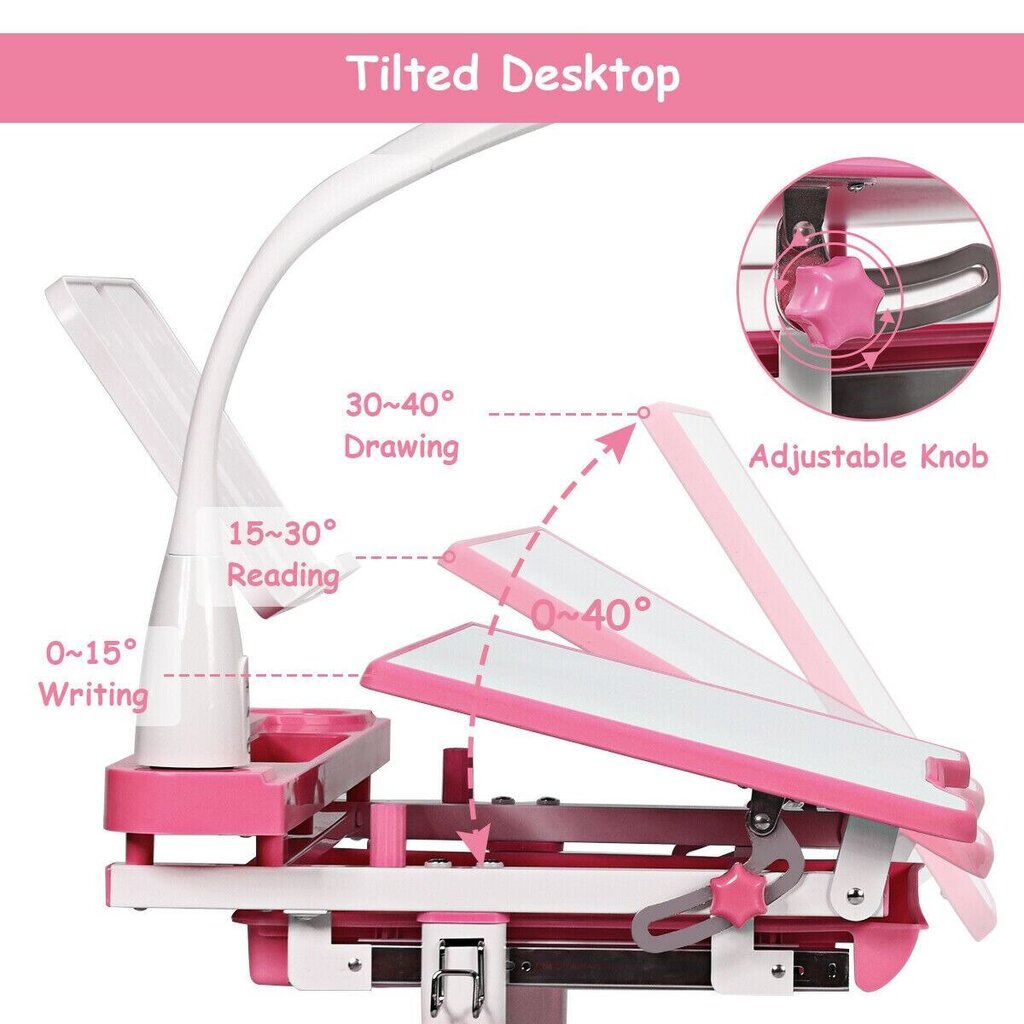 Vaikiškas stalo rinkinys su lempa Costway, 76x66x49 cm, rožinis kaina ir informacija | Kompiuteriniai, rašomieji stalai | pigu.lt