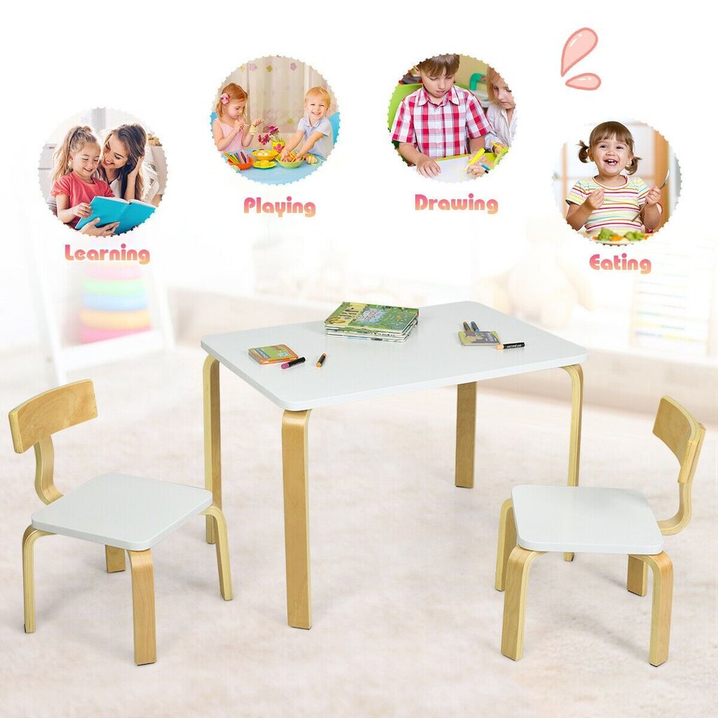 Vaikiškas stalo ir 2 kėdžių komplektas Costway, baltas цена и информация | Vaikiškos kėdutės ir staliukai | pigu.lt
