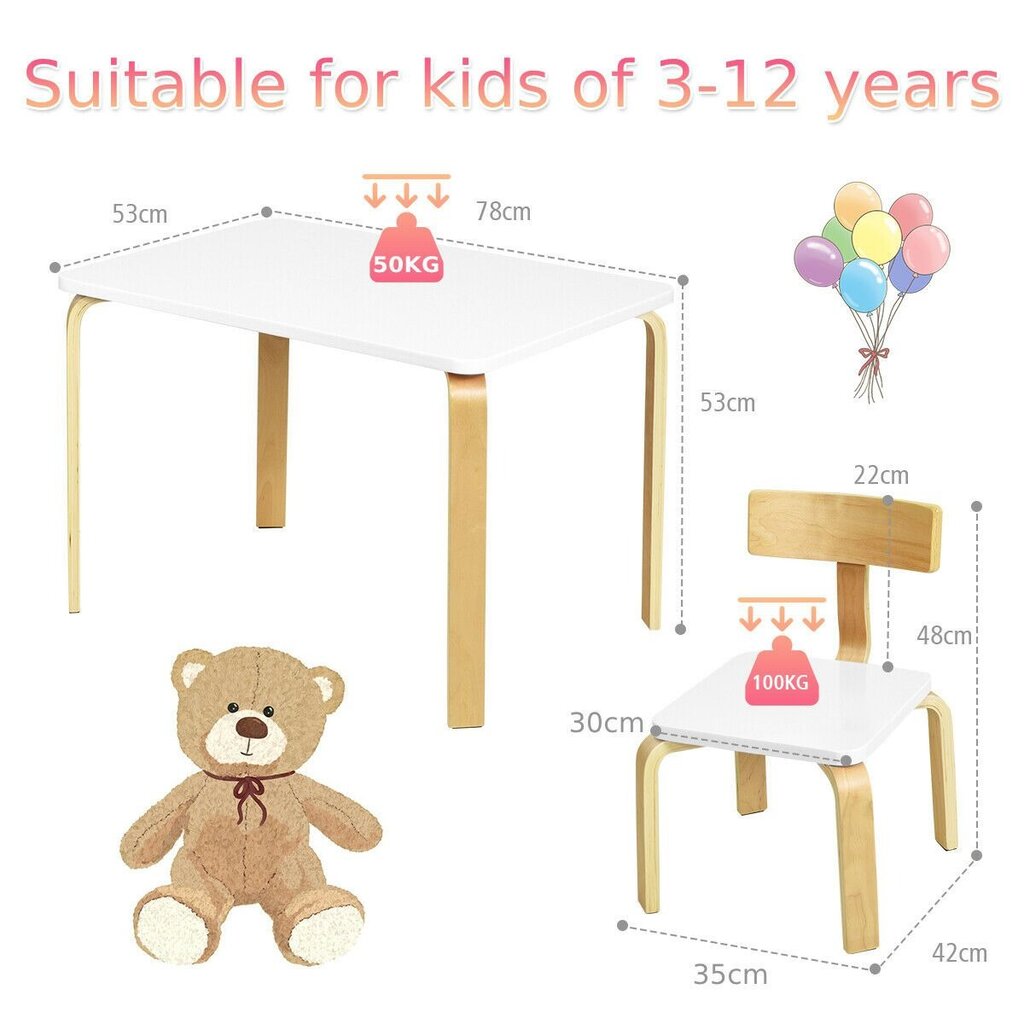 Vaikiškas stalo ir 2 kėdžių komplektas Costway, baltas kaina ir informacija | Vaikiškos kėdutės ir staliukai | pigu.lt