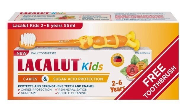 Dantų pasta Lacalut Kids 2-6 metų vaikams, 55 ml + dantų šepetėlis kaina ir informacija | Dantų šepetėliai, pastos | pigu.lt