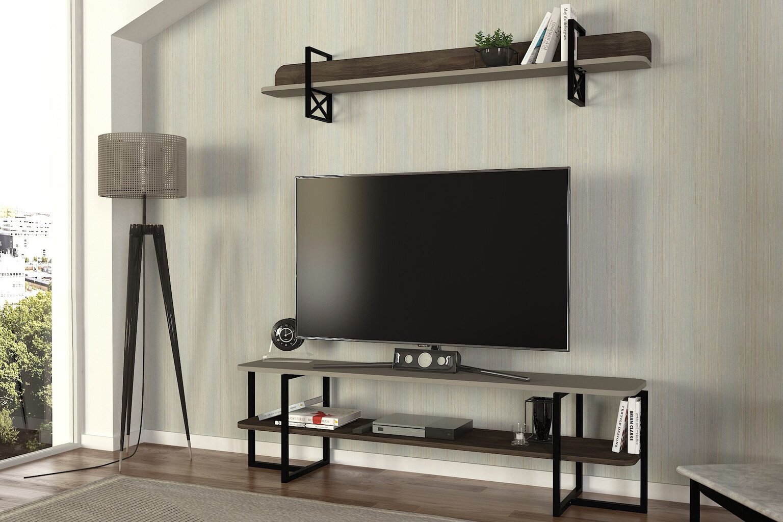 TV stovas Asir, 150x41,8x29,6 cm, rudas/pilkas kaina ir informacija | TV staliukai | pigu.lt