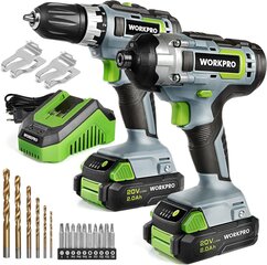 Workpro atsuktuvų rinkinys, 2 vnt, 20 V, 6 grąžtai ir 10 atsuktuvų kaina ir informacija | Mechaniniai įrankiai | pigu.lt