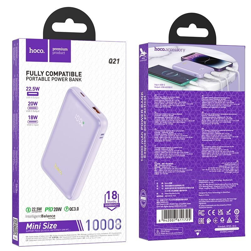 Power Bank HOCO 10 000mAh PD 22,5W Q21 purple kaina ir informacija | Atsarginiai maitinimo šaltiniai (power bank) | pigu.lt