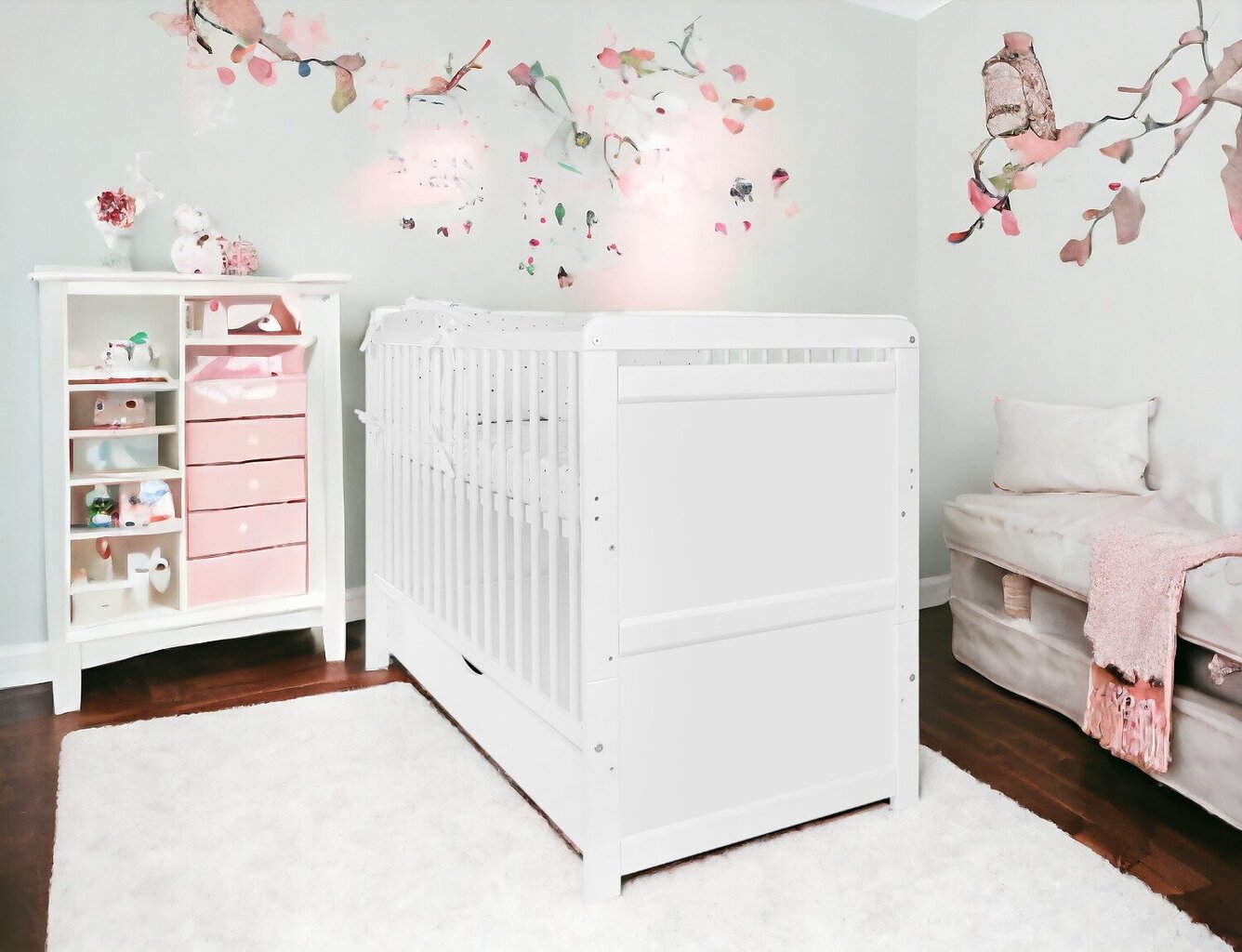 Vaikiška lovytė su stalčiumi ir čiužiniu Iglobal 2-in-1, 120x60 cm, balta kaina ir informacija | Kūdikių lovytės | pigu.lt