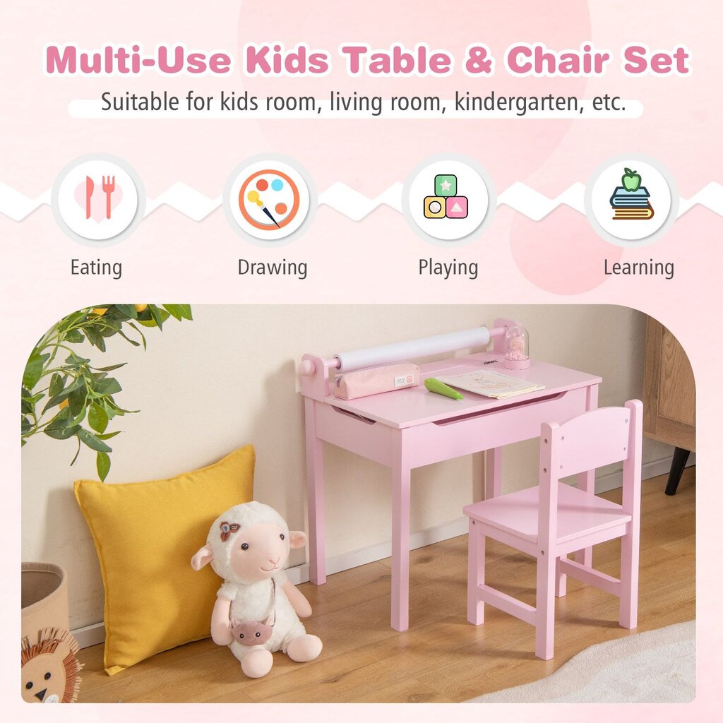 Vaikiškas stalas su kėde Costway, rožinė kaina ir informacija | Vaikiškos kėdutės ir staliukai | pigu.lt