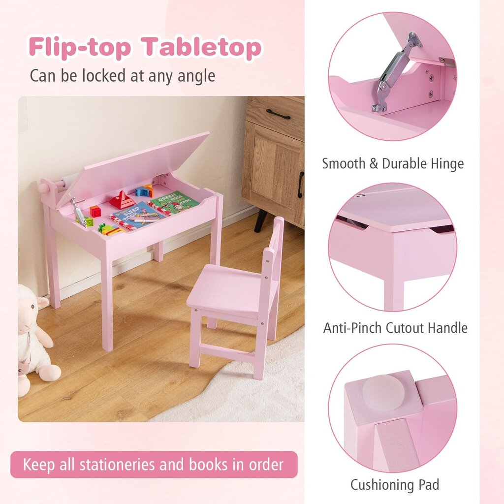 Vaikiškas stalas su kėde Costway, rožinė kaina ir informacija | Vaikiškos kėdutės ir staliukai | pigu.lt