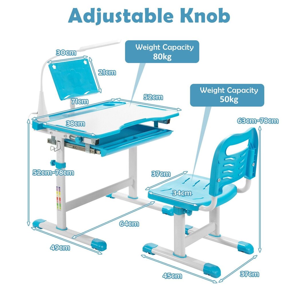 Reguliuojamo aukščio vaikiškas stalas su lempa Costway, mėlyna kaina ir informacija | Vaikiškos kėdutės ir staliukai | pigu.lt