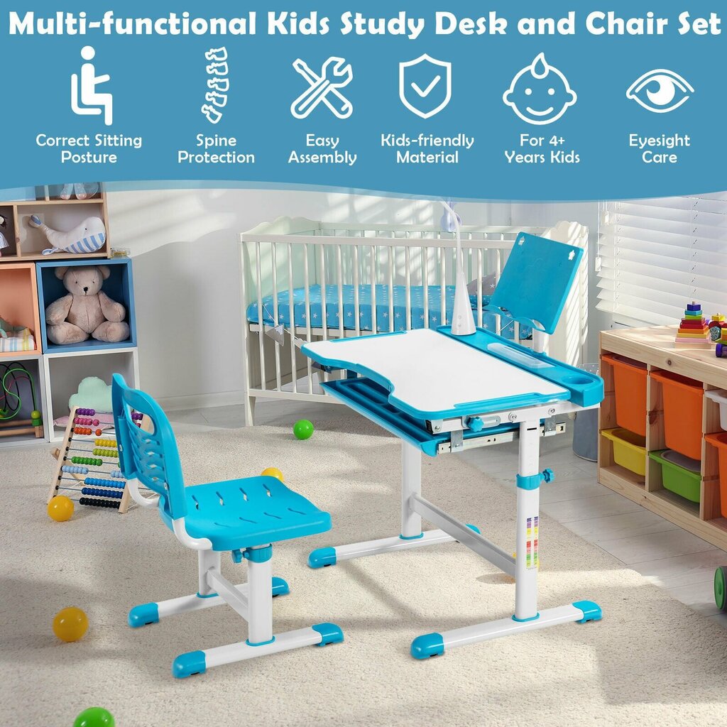 Reguliuojamo aukščio vaikiškas stalas su lempa Costway, mėlyna kaina ir informacija | Vaikiškos kėdutės ir staliukai | pigu.lt