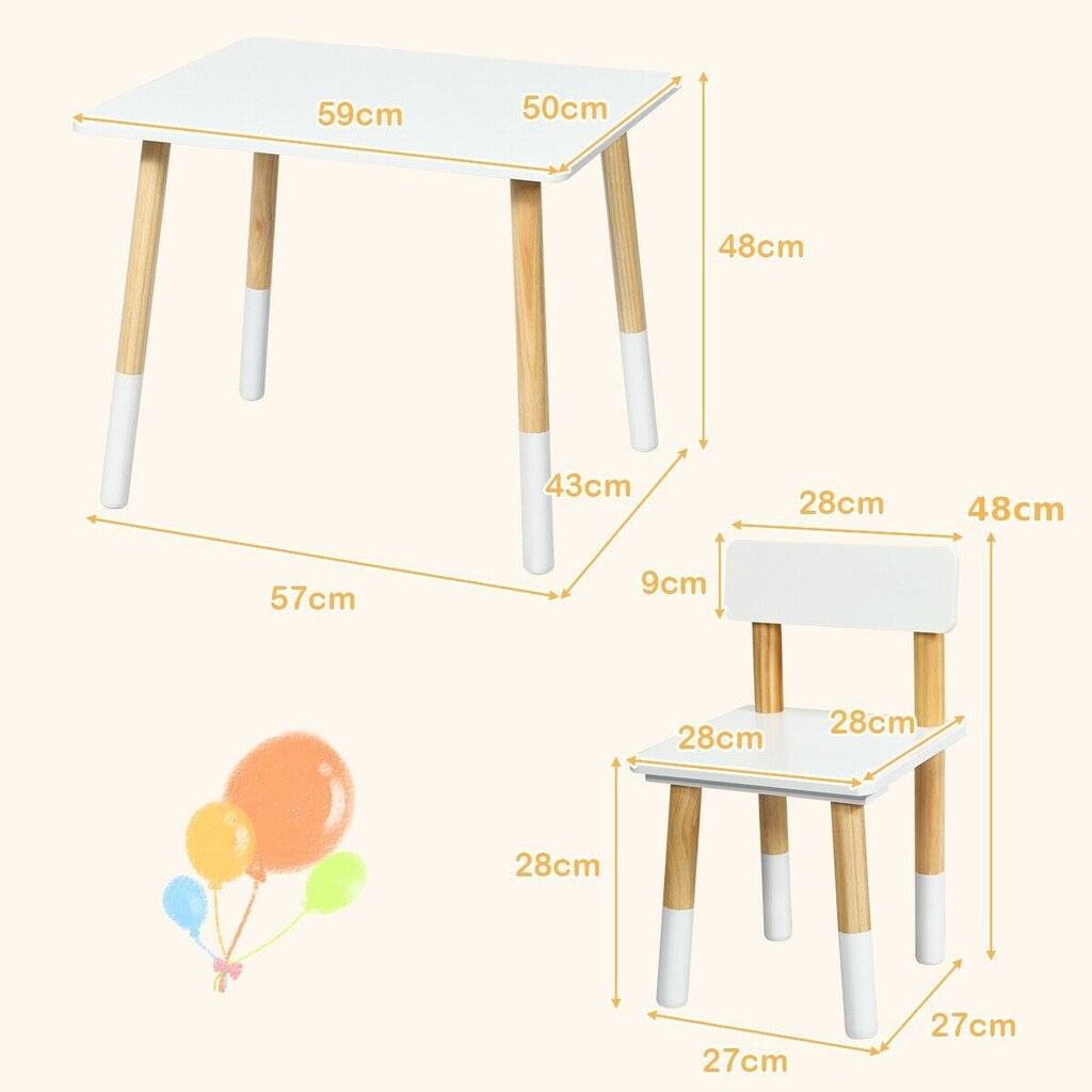 Vaikiškas medinis stalas ir 2 kėdės Costway, baltas kaina ir informacija | Vaikiškos kėdutės ir staliukai | pigu.lt