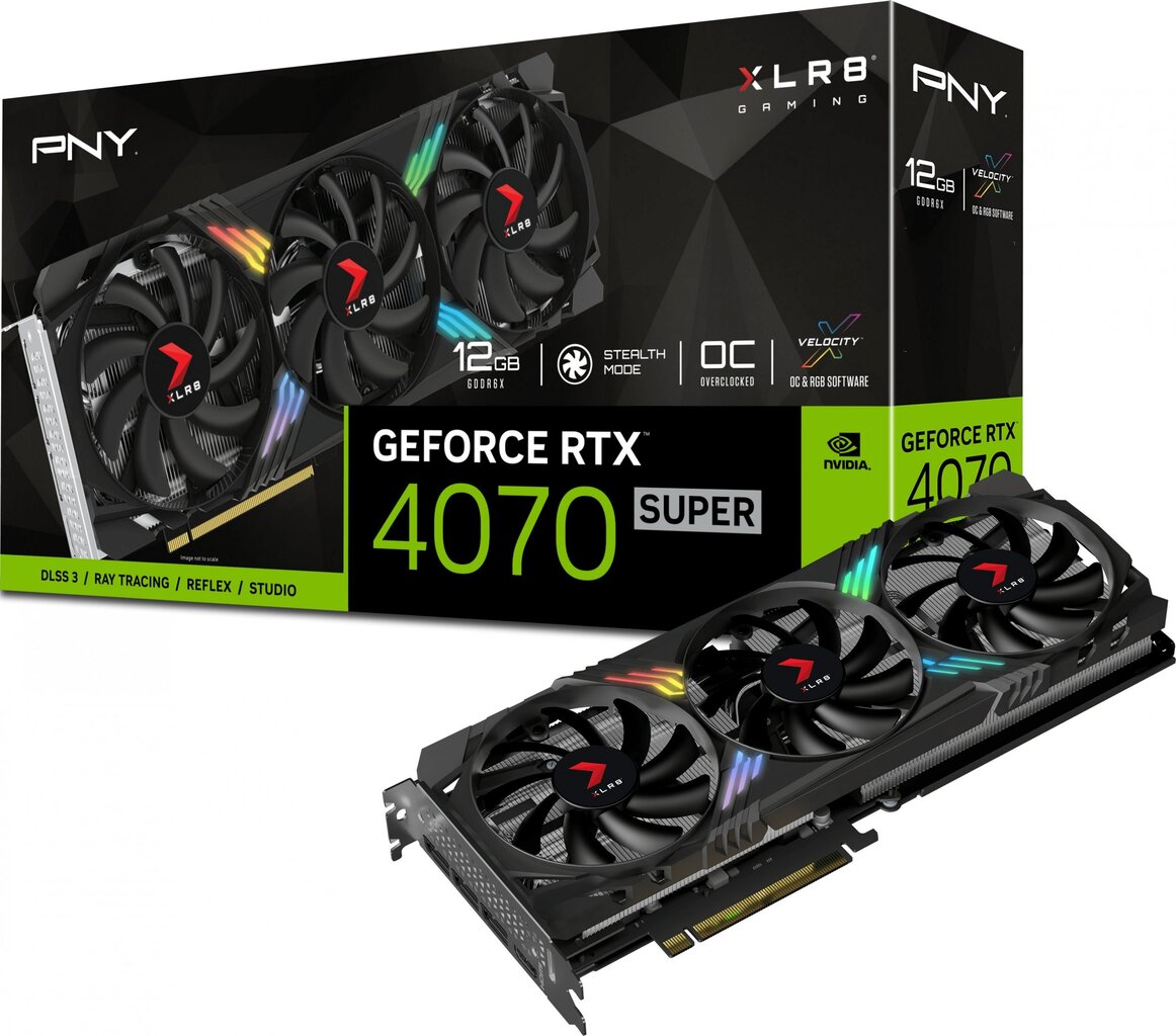 PNY GeForce RTX 4070 Super XLR8 Gaming Verto Epic-X RGB Overclocked Triple Fan (VCG4070S12TFXXPB1-O) kaina ir informacija | Vaizdo plokštės (GPU) | pigu.lt