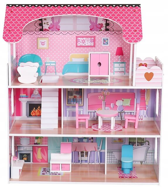 Medinis lėlių namas Cerlo su baldais rožinis, 70 cm kaina ir informacija | Žaislai mergaitėms | pigu.lt