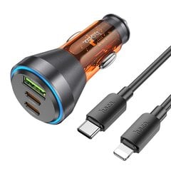 HOCO car charger USB QC 18W + 2 x Type C 30W + cabel Type C to Lightning PD60W NZ12D transparent orange kaina ir informacija | Auto reikmenys | pigu.lt