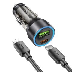 HOCO car charger USB QC 18W + Type C 25W + cabel Type C to Lightning PD43W NZ12A transparent black kaina ir informacija | Auto reikmenys | pigu.lt