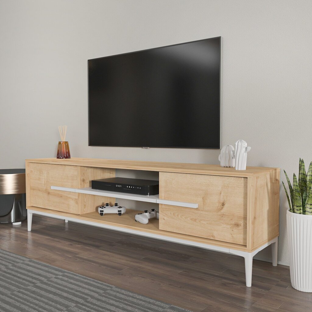 TV staliukas Asir, 120x43,6x29,6 cm, baltas/rudas kaina ir informacija | TV staliukai | pigu.lt
