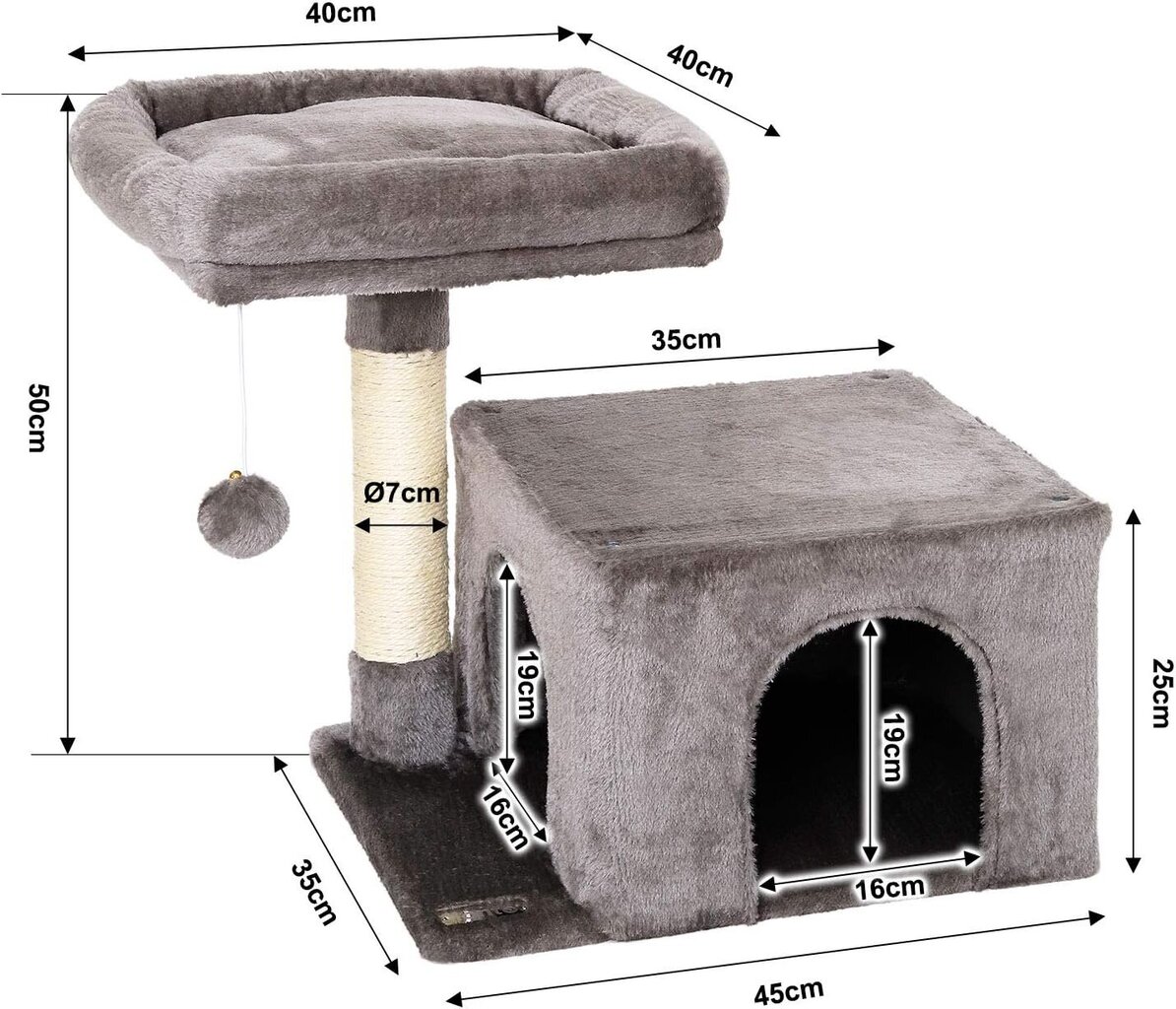 Draskyklė katėms su nameliu Lionto, 50 cm, pilka kaina ir informacija | Draskyklės | pigu.lt