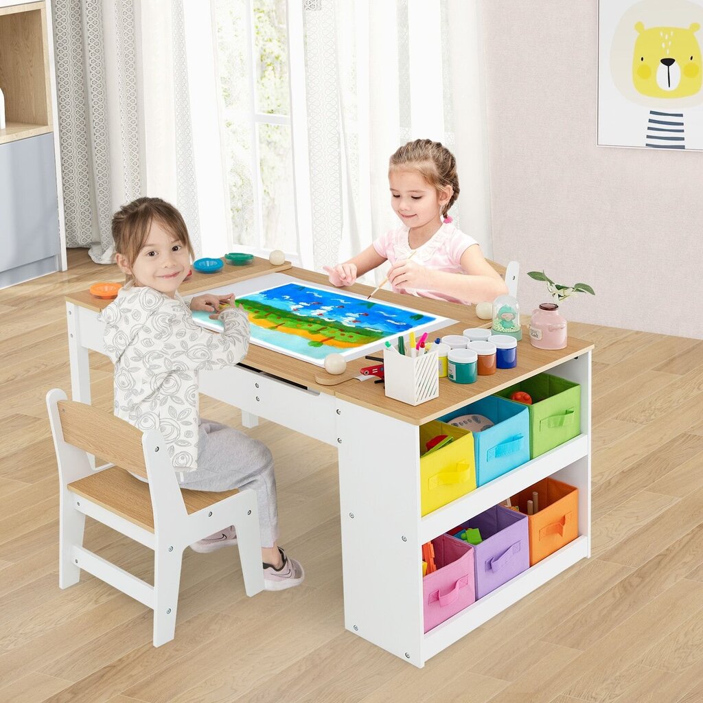 Veiklos stalas Costway, 109x55x60 cm, baltas/rudas kaina ir informacija | Vaikiškos kėdutės ir staliukai | pigu.lt