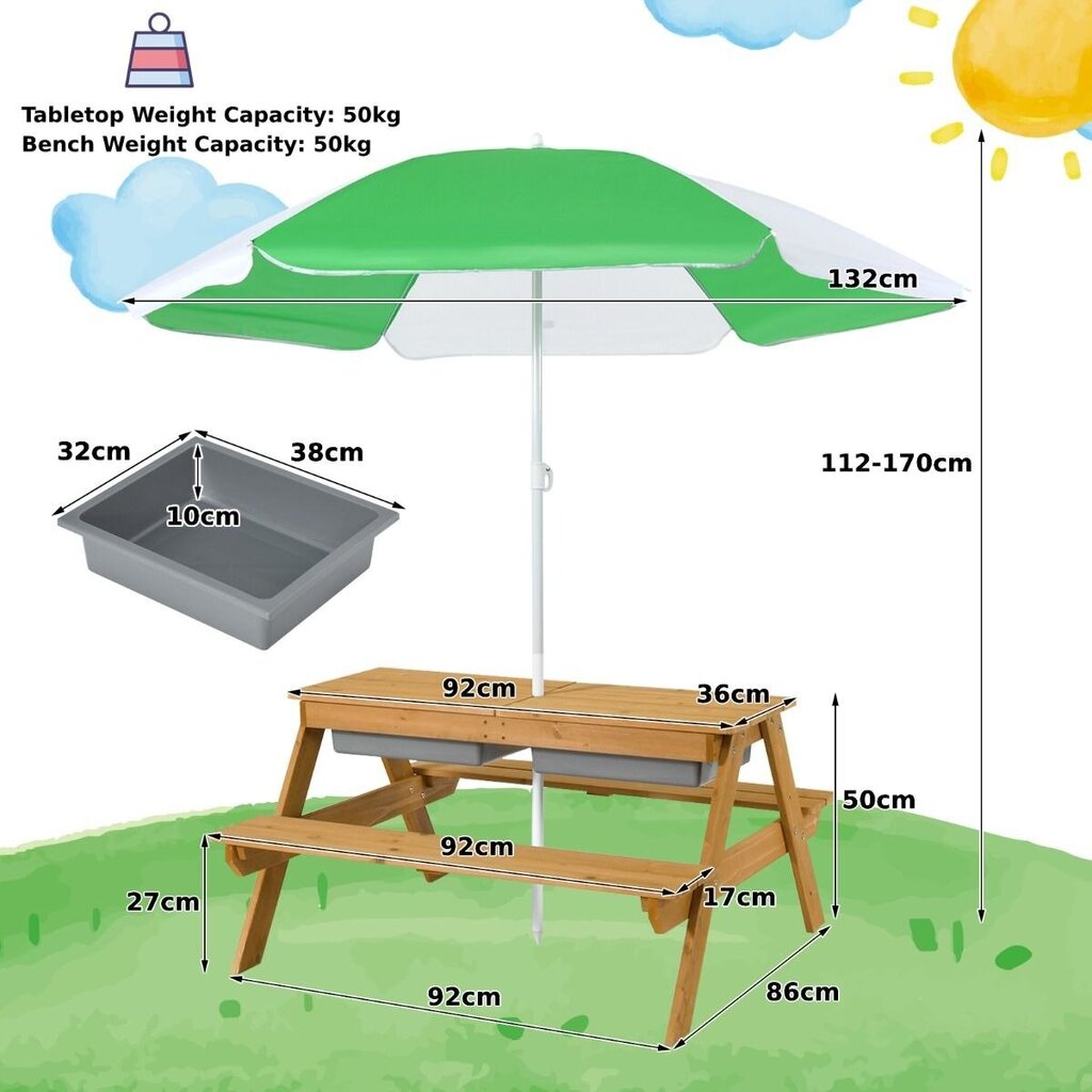 Vaikiškas pikniko stalas su skėčiu Costway, 92x86x50 cm, įvairių spalvų kaina ir informacija | Vaikiški lauko baldai | pigu.lt