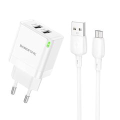 Borofone Wall charger BN15 Strong - 2xUSB - 2,1A with USB to Micro USB cable white цена и информация | Зарядные устройства для телефонов | pigu.lt