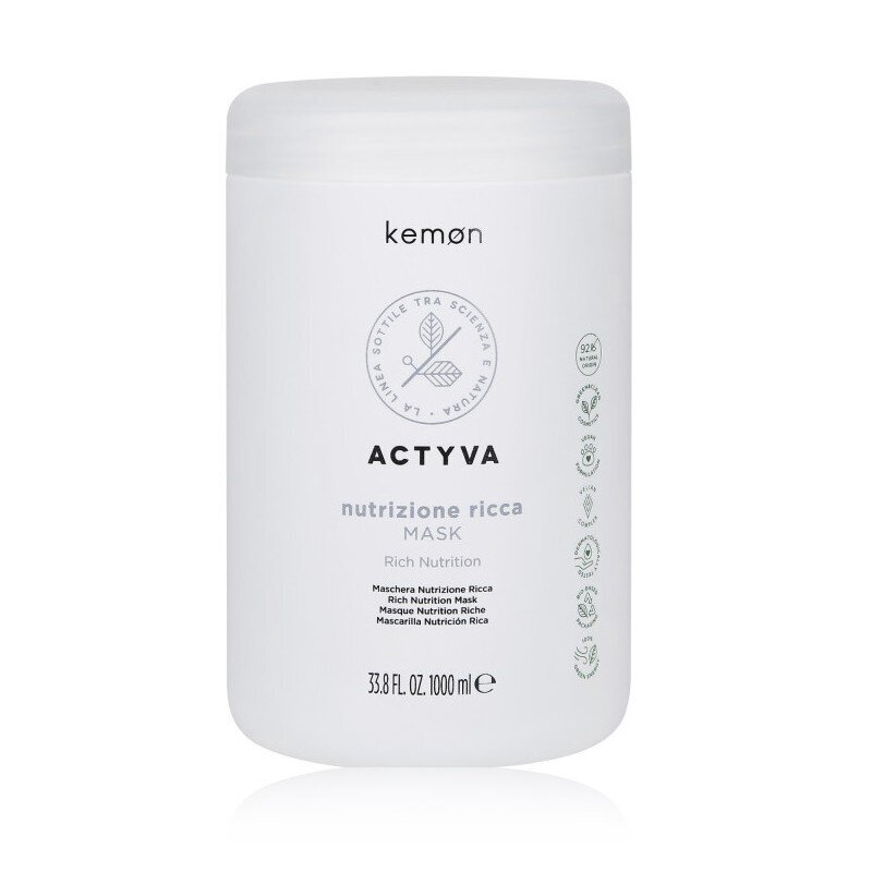 Plaukų kaukė Kemon Actyva Rich Nutrition Mask, sausiems plaukams, 1000 ml цена и информация | Priemonės plaukų stiprinimui | pigu.lt