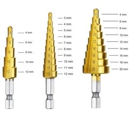 Kūginis pakopinis grąžtas, 3 vnt., 3-20mm G204 kaina ir informacija | Mechaniniai įrankiai | pigu.lt