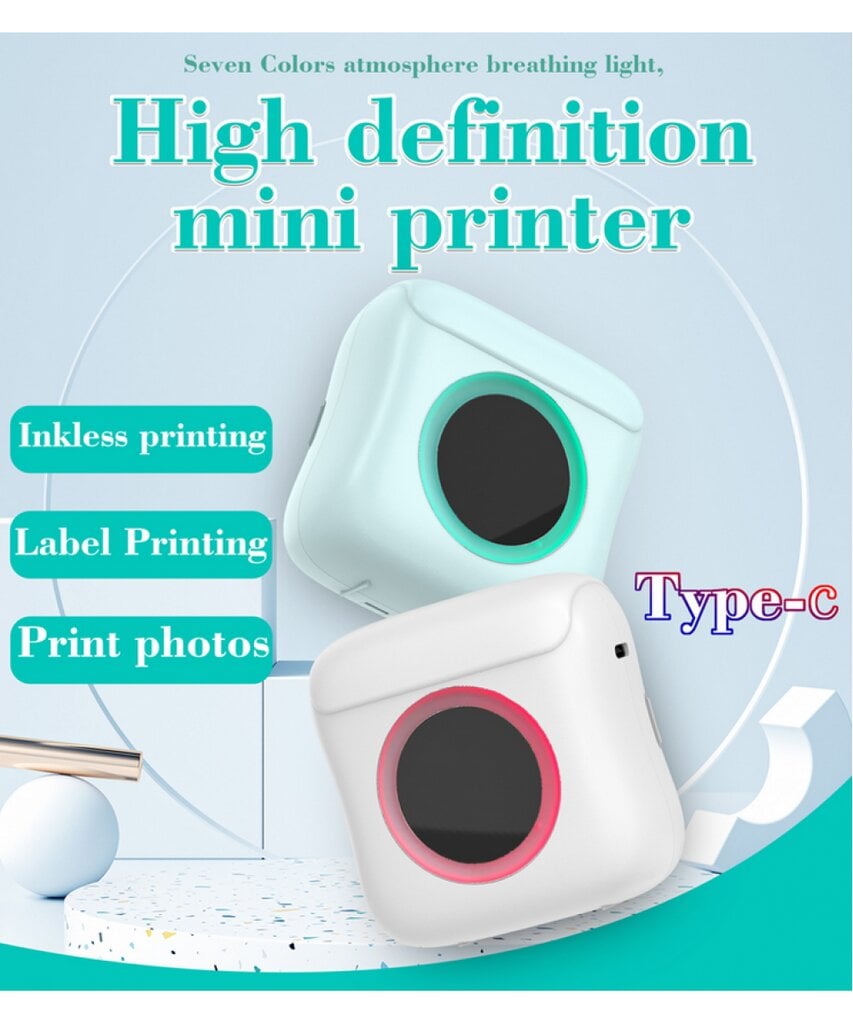 Terminis mini spausdintuvas + 16 ritinėlių spausdinimo popieriaus kaina ir informacija | Spausdintuvai | pigu.lt