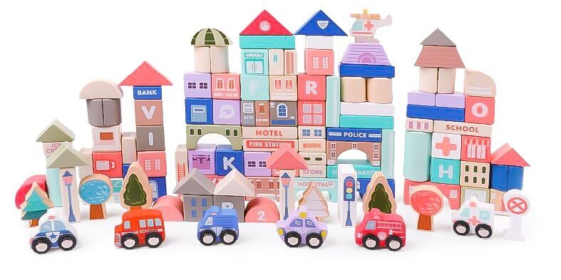 Medinės kaladėlė su kilimėliu Ecotoys Miestas, 115 d. kaina ir informacija | Žaislai kūdikiams | pigu.lt