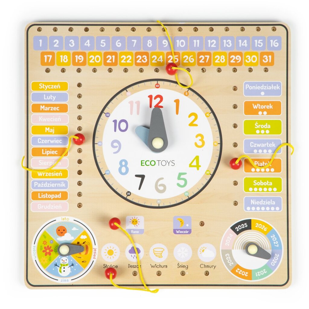 Medinė edukacinė lenta su kalendoriumi ir laikrodžiu Ecotoys цена и информация | Lavinamieji žaislai | pigu.lt