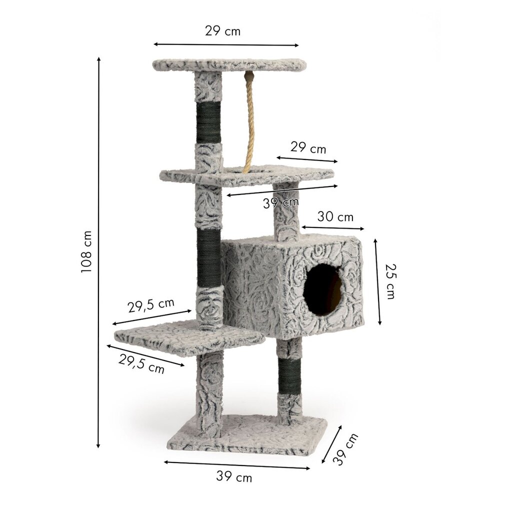 Kačių draskyklė su nameliu, 108 cm. kaina ir informacija | Draskyklės | pigu.lt