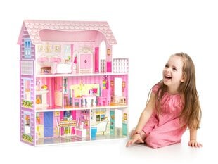 Didelis medinis lėlių namelis su baldais Ecotoys, rožinis, 60x24x70cm kaina ir informacija | Žaislai mergaitėms | pigu.lt