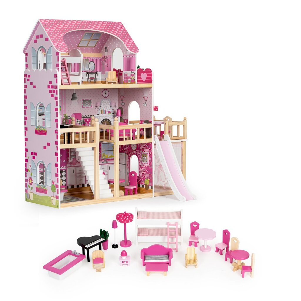 Medinis lėlių namelis su terasa ir čiuožykla Ecotoys, rožinis, 18 d. kaina ir informacija | Žaislai mergaitėms | pigu.lt