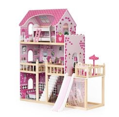 Кукольный домик с террасой и горкой, 18 предметов деревянной мебели, Ecotoys цена и информация | Игрушки для девочек | pigu.lt