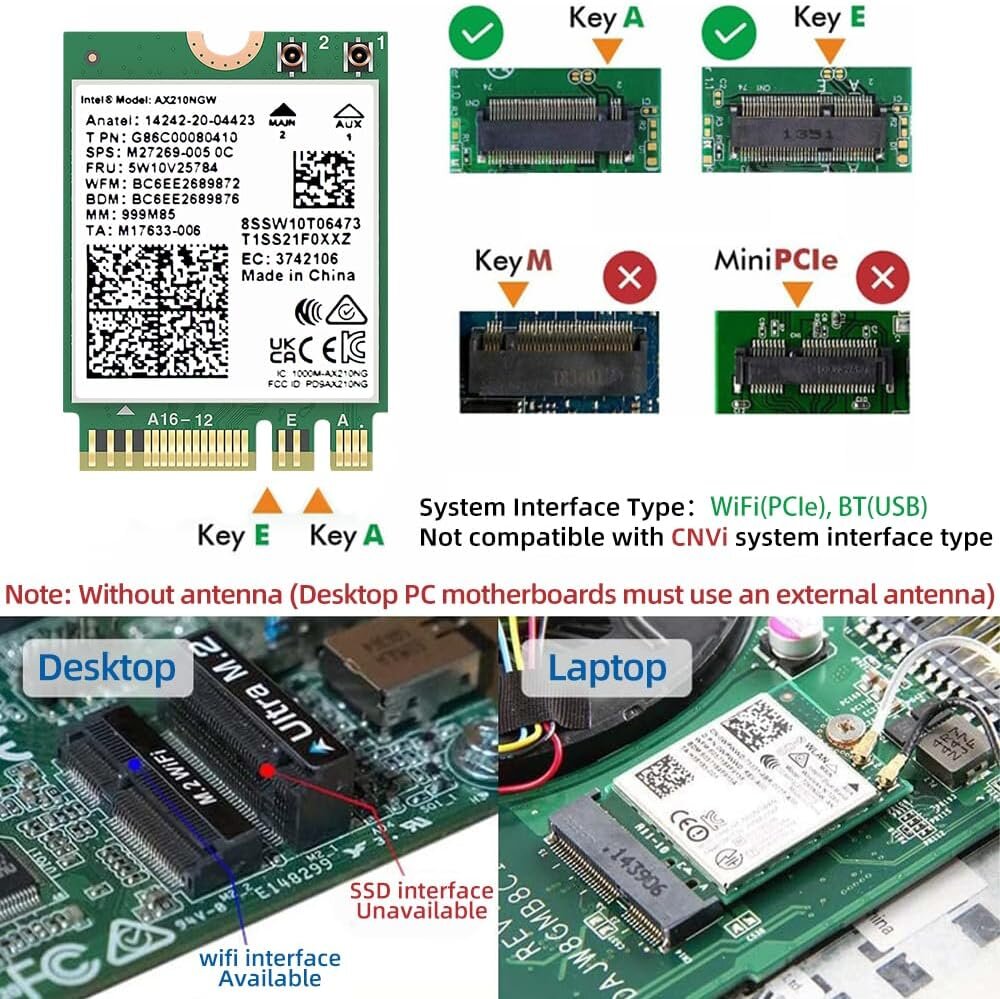 SYONCON AX210NGW "Wi-Fi" kortelė, "Wi-Fi 6E 11AX" belaidžio ryšio modulis Išplėsti iki 6 GHz MU-MIMO trijuose dažniuose su "Bluetooth 5.2 kaina ir informacija | Valdikliai | pigu.lt