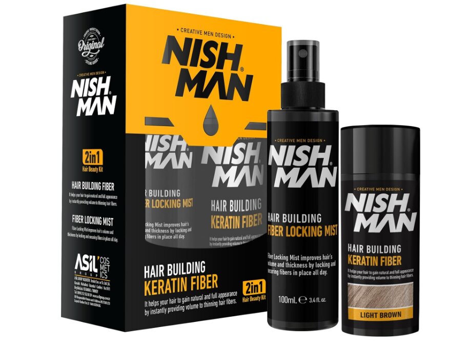 Plaukų pudra + fiksavimo dulksna Nishman Hair Building Keratin Fiber & Locking Mist Spray Set, Light Brown kaina ir informacija | Plaukų formavimo priemonės | pigu.lt
