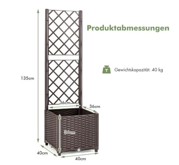 Sodo pakeliamas lovelis su grotelėmis Costway, 40x40x135 cm kaina ir informacija | Gėlių stovai, vazonų laikikliai | pigu.lt