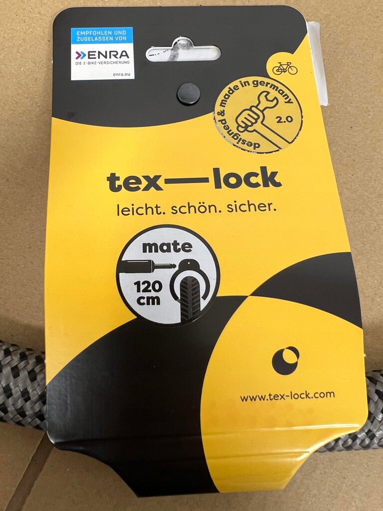 Dviračių užraktas Tex-Lock Mate, 10 mm x120 cm, pilkas kaina ir informacija | Užraktai dviračiams | pigu.lt