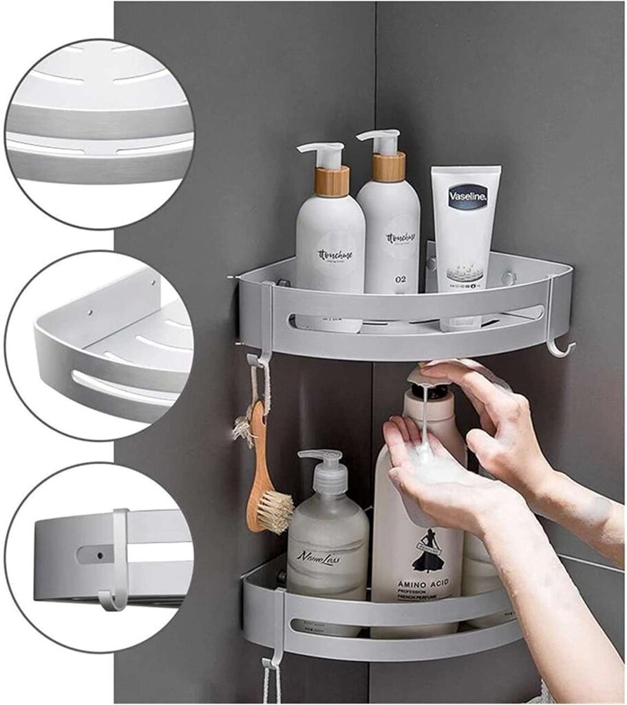 Myzea kampinių vonios kambario lentynų sidabrinės spalvos rinkinys kaina ir informacija | Vonios kambario aksesuarai | pigu.lt