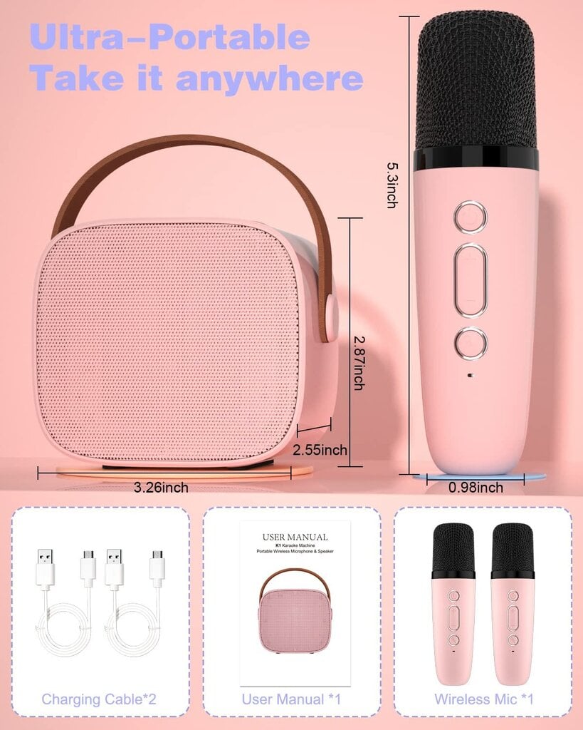 Carbonpro karaokė mikrafonas su kolonėle ir balso keitimo efektais, rožinis kaina ir informacija | Mikrofonai | pigu.lt