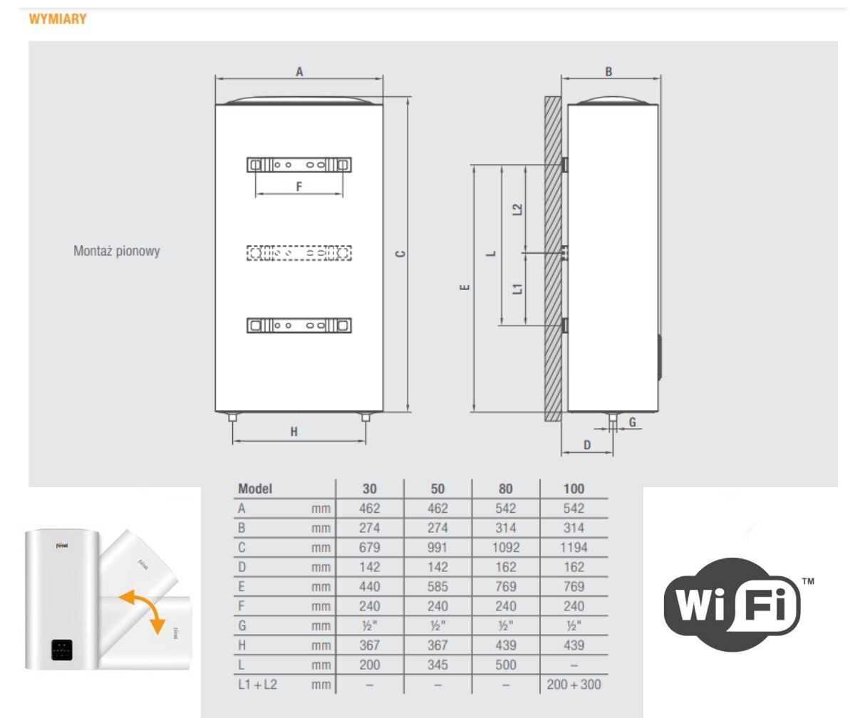 Elektrinis vandens šildytuvas Ferroli plokščias 80 l, 1,8 kW, vertikalus/horizontalus Titano Twin 80 WI-FI, baltas kaina ir informacija | Vandens šildytuvai | pigu.lt