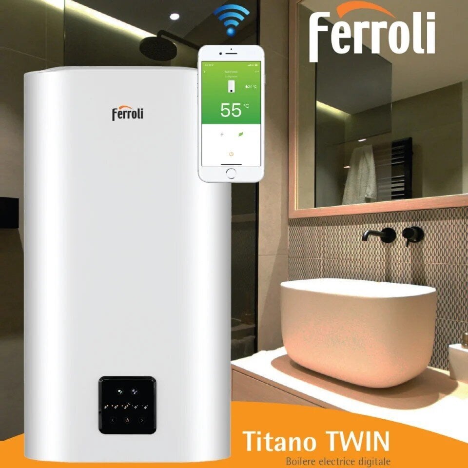 Elektrinis vandens šildytuvas Ferroli plokščias 80 l, 1,8 kW, vertikalus/horizontalus Titano Twin 80 WI-FI, baltas kaina ir informacija | Vandens šildytuvai | pigu.lt