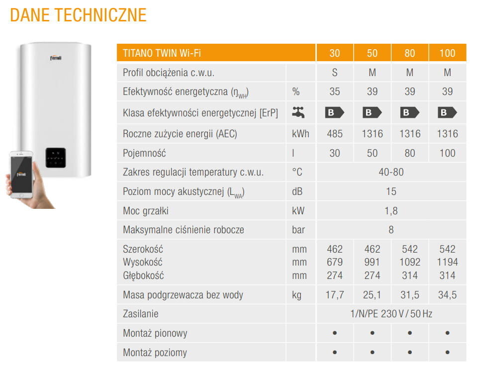 Elektrinis vandens šildytuvas Ferroli plokščias, 100 l, 1,8 kW, vertikalus/horizontalus Titano Twin 100 WI-FI, baltas kaina ir informacija | Vandens šildytuvai | pigu.lt