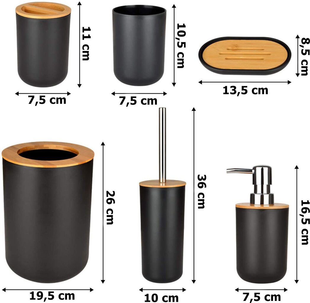 Vonios reikmenys Timor 6 dalių rinkinys, juodas kaina ir informacija | Vonios kambario aksesuarai | pigu.lt