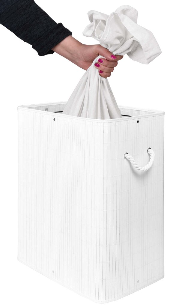 Bambuko skalbinių krepšys su dangčiu Soren 80L, baltas kaina ir informacija | Vonios kambario aksesuarai | pigu.lt