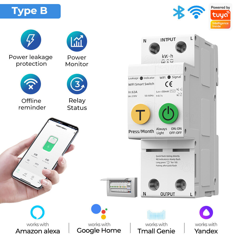 Elektros grandinės pertraukiklis Tuya Smart Wifi 63 Amp 2P цена и информация | Elektros jungikliai, rozetės | pigu.lt