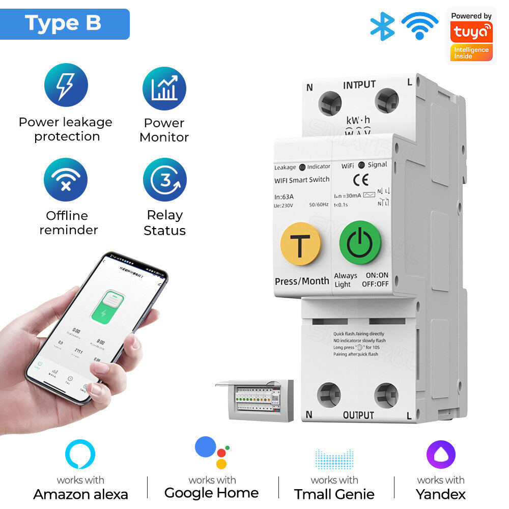 Elektros grandinės pertraukiklis Tuya Smart Wifi 63 Amp 2P kaina ir informacija | Elektros jungikliai, rozetės | pigu.lt