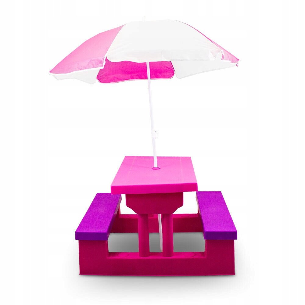 Vaikiškas stalas su suoliukais ir skėčiu, rožinės spalvos kaina ir informacija | Vaikiški lauko baldai | pigu.lt