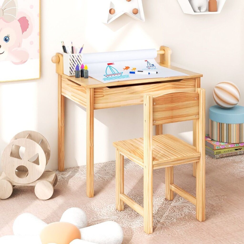 Vaikiškas stalas su kėde Costway, rudas kaina ir informacija | Vaikiškos kėdutės ir staliukai | pigu.lt